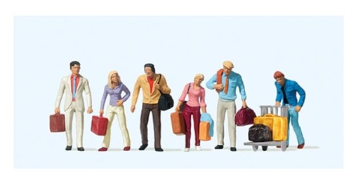 Preiser 10115 Rejsende, gående med kufferter og bagagevogn, seks personer, H0
