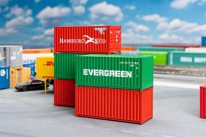 Faller 182051 20\' Container, Hamburg Süd og Evergreen, 5er-Sæt, H0
