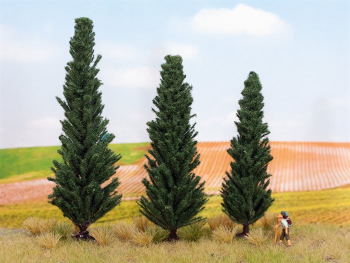 Noch 21998 Cypres træer, 10, 11 og 13 cm høje H0 