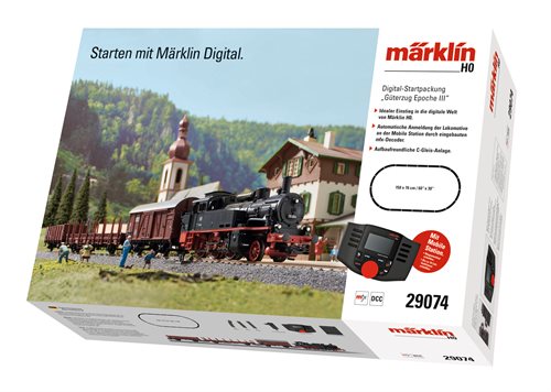 Märklin 29074 Digitalt startsæt "Godstog" BR 74 med tre godsvogne, c-skinne oval og Mobile Station II, ep III