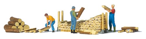 Preiser 10707 Stabler brænde, tre figurer og brændestykker, H0