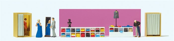 Preiser 10628 I tøjbutikken, fire figurer med tilbehør, H0