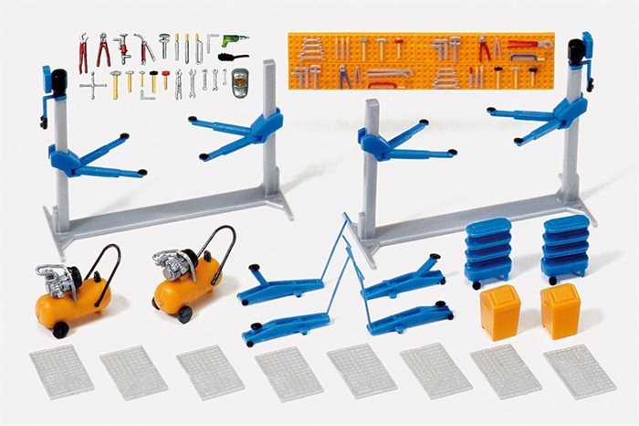 Preiser 17186 Autoværksteds indretning med lifte kompressorer og tilbehør, H0