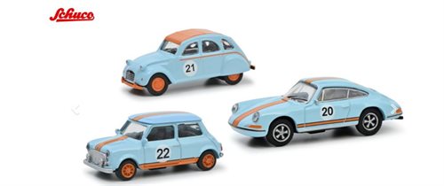 Schuco 71600 3er sæt vintage Racing Citroen 2 CV, Porsche 911 S og Mini Cooper in lyseblå/orange, H0
