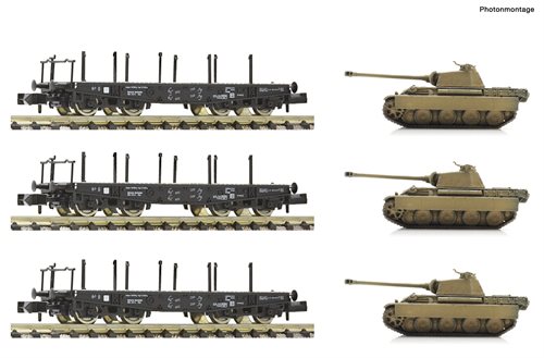 Fleischmann 845606 3-delt sæt med sværgods fladvogne med kampvogne, DRB, ep II