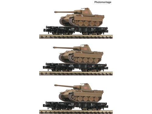 Fleischmann 845606 3-delt sæt med sværgods fladvogne med kampvogne, DRB, ep II KOMMENDE NYHED 2026