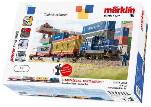 Märklin 29453 Start-Up startsæt "Containertog", med skinneoval, lokomotiv, vogne og trådløst joystick