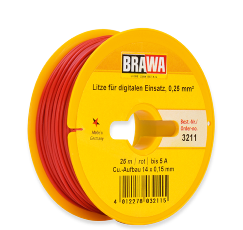 Brawa 3211 0,25 mm2 ledning, rød, 25 m spole