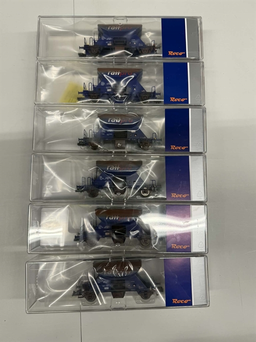 Roco 75960-75965 Sæt med seks stk Rail Pro skærvevogne, med AC aksler og Fleischmann Profi koblinger (BRUGT)