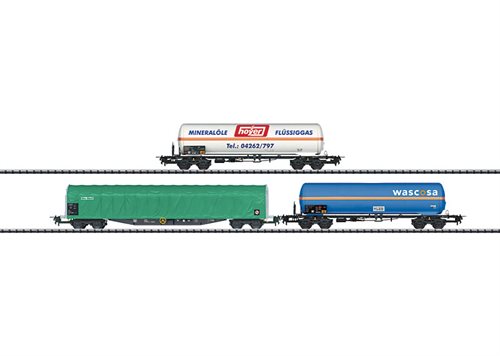 Trix 31142 Güterwagen-Set  2x Gaskesselwagen (ohne Dach) und 1x Schiebeplanwagen Rils